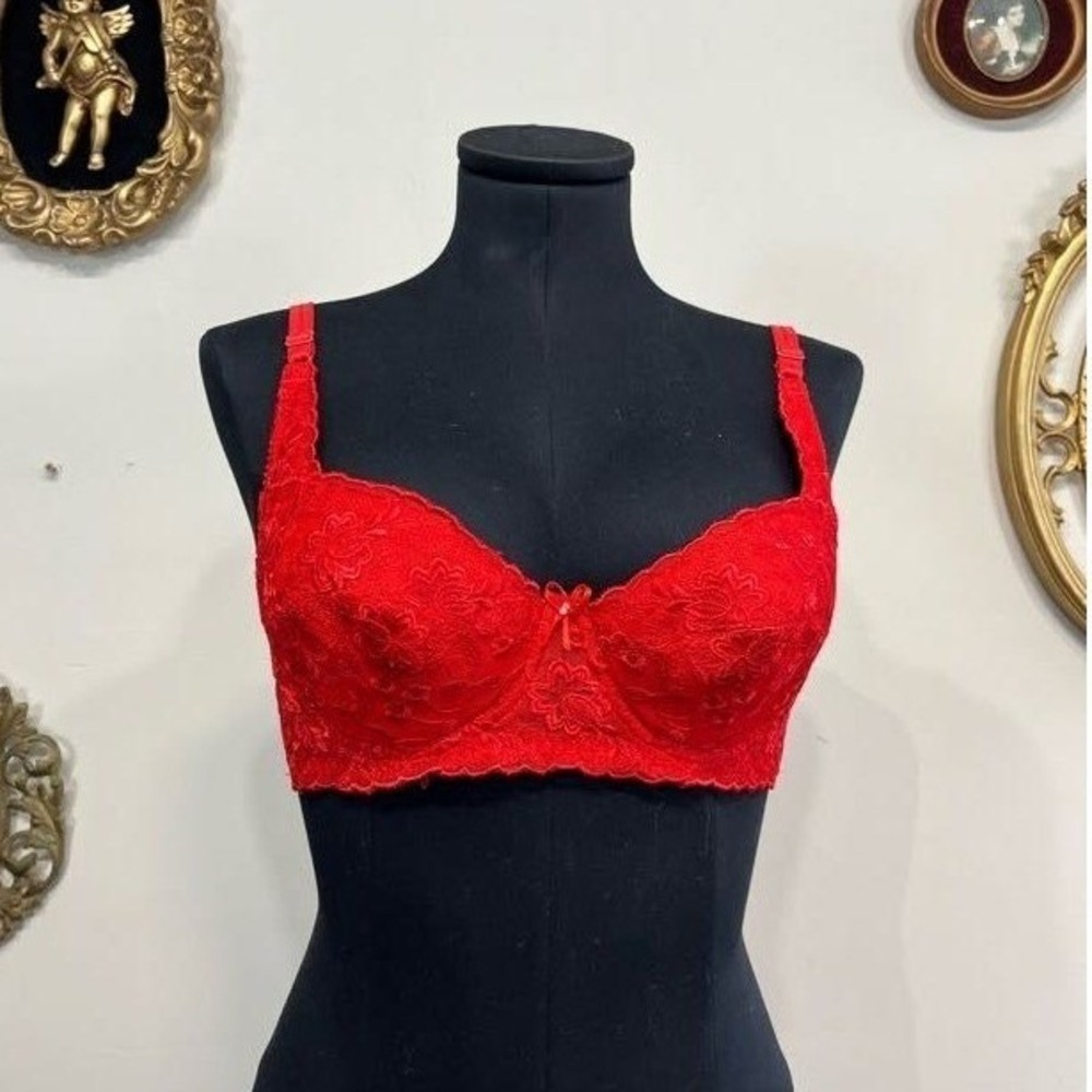 90s Frederick's of Hollywood Red‎ Floral Lace Bra 38B